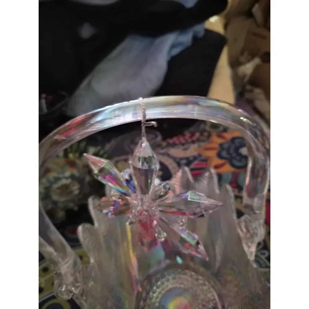 Vintage LE Smith Feather And Fern Crystal Lustre Carnival Glass Basket With